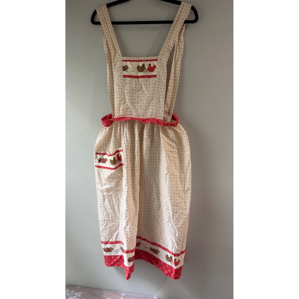 Vintage Farmhouse Chicken Print Apron Womens OS Cream Red Handmade Cottagecore